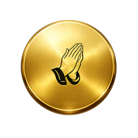 a gold button with hands praying on it