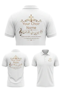 a white polo shirt with a cross and music notes