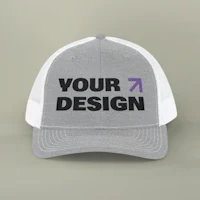 a gray trucker hat with the word your design on it